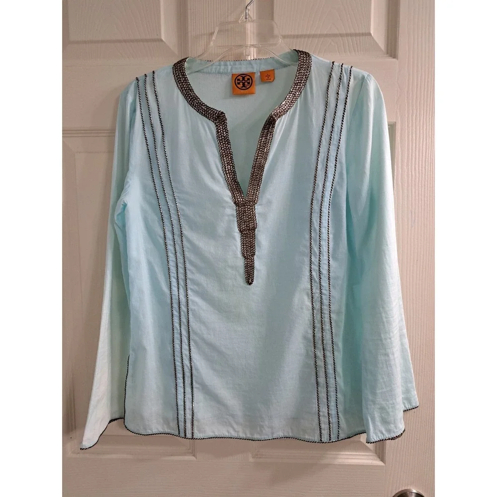 Tory Burch Sky Blue Tunic/Shirt w Brown SilverEmbellishments Size 4. 100% Cotton